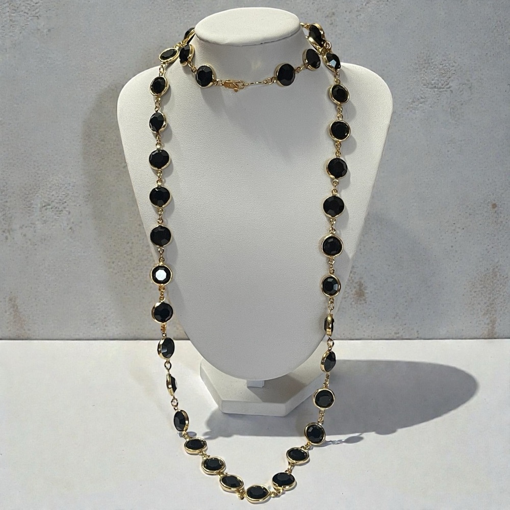 Austrian Black Open Bezel-Set Crystal Gold-Tone Necklace Vintage